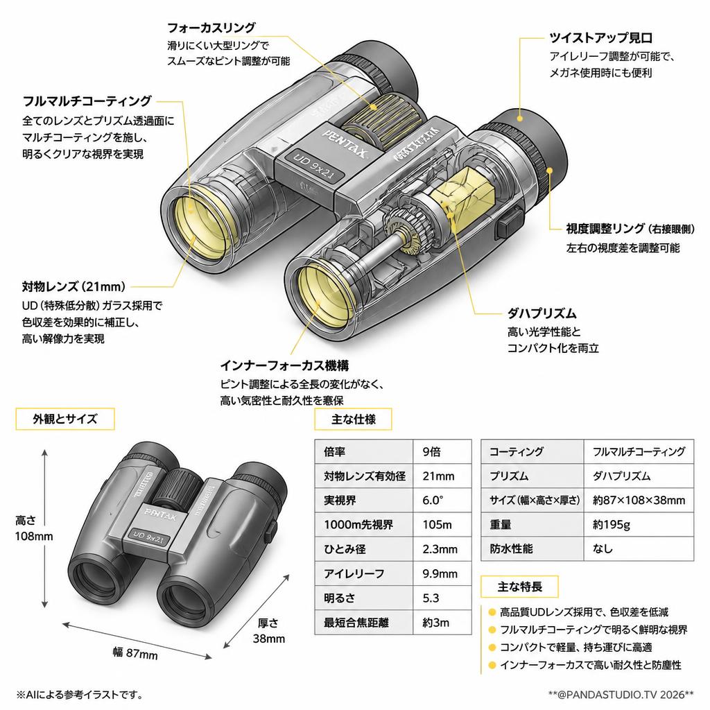 【20%ポイントバック実施中】PENTAX RICOH 双眼鏡 UD 9x21 N スペック