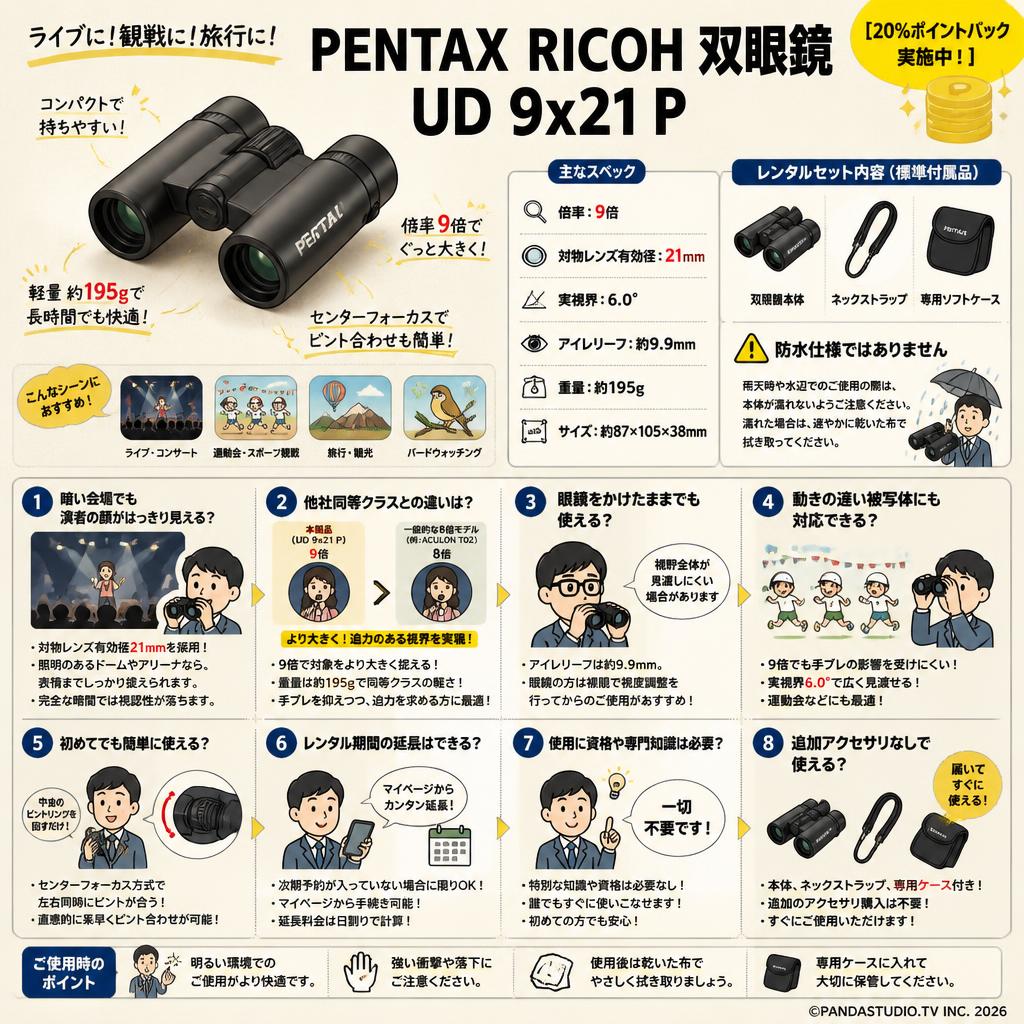 【20%ポイントバック実施中】PENTAX RICOH 双眼鏡 UD 9x21 P FAQ（よくある質問と答え）
