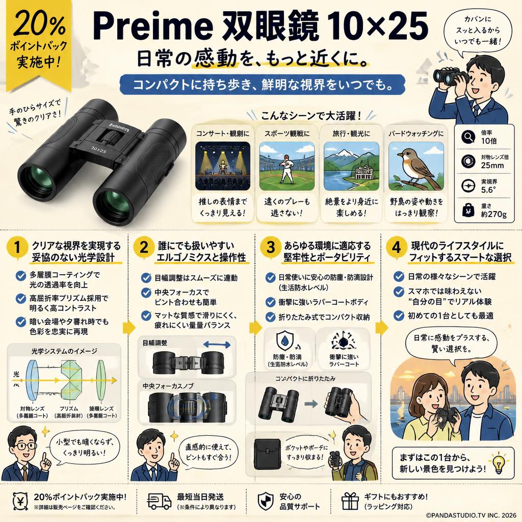 【20%ポイントバック実施中】Preime 双眼鏡 10×25 概要