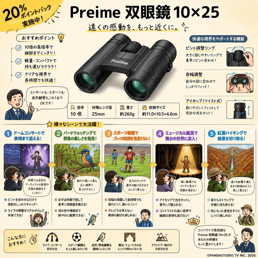 【20%ポイントバック実施中】Preime 双眼鏡 10×25 用途