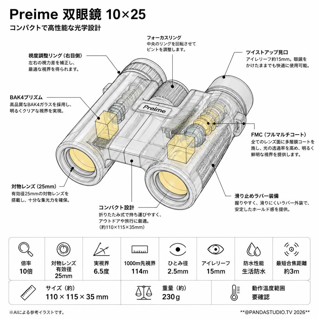 【20%ポイントバック実施中】Preime 双眼鏡 10×25 スペック