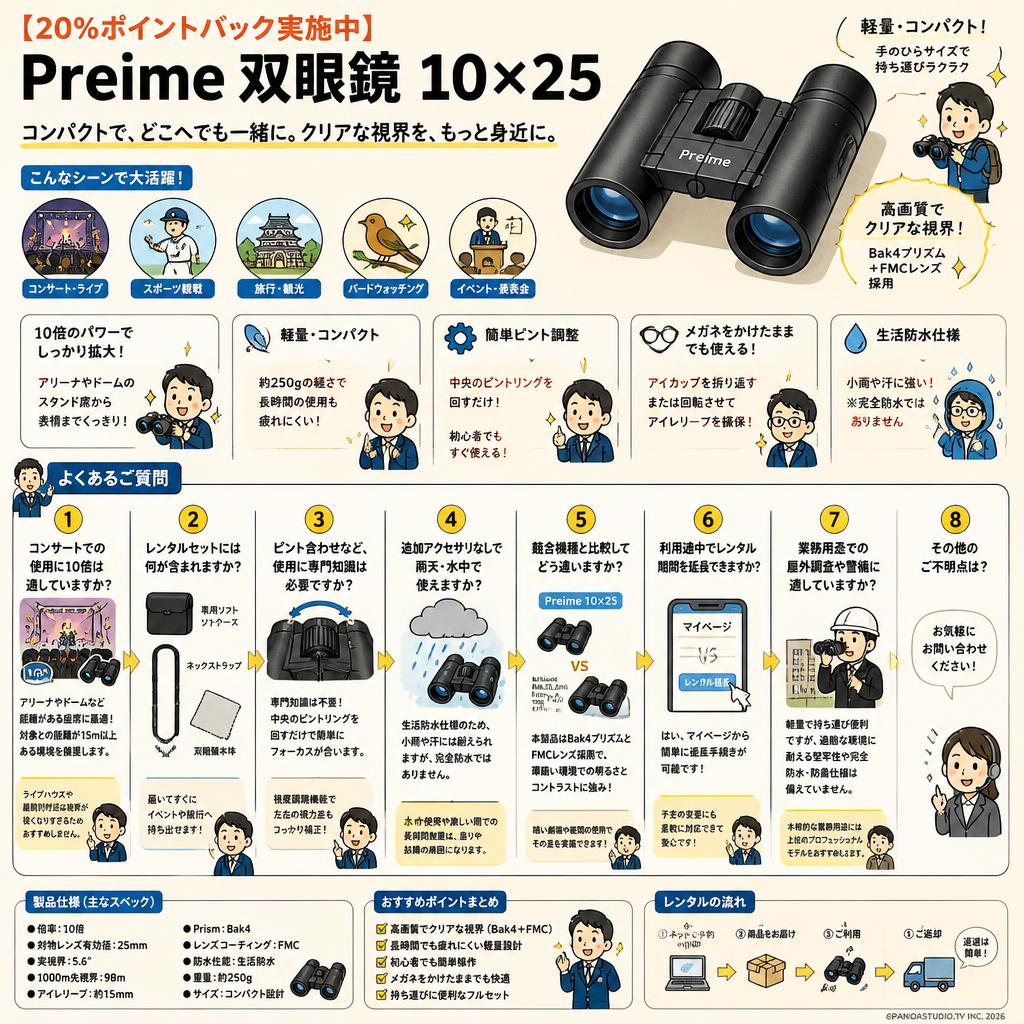 【20%ポイントバック実施中】Preime 双眼鏡 10×25 FAQ（よくある質問と答え）