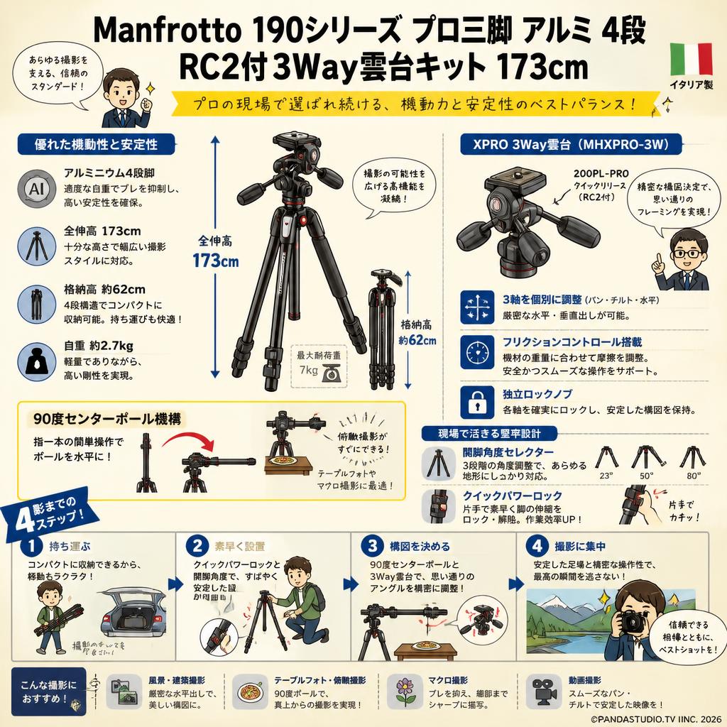 Manfrotto 190シリーズ プロ三脚 アルミ 4段 RC2付3Way雲台キット 173cm 概要