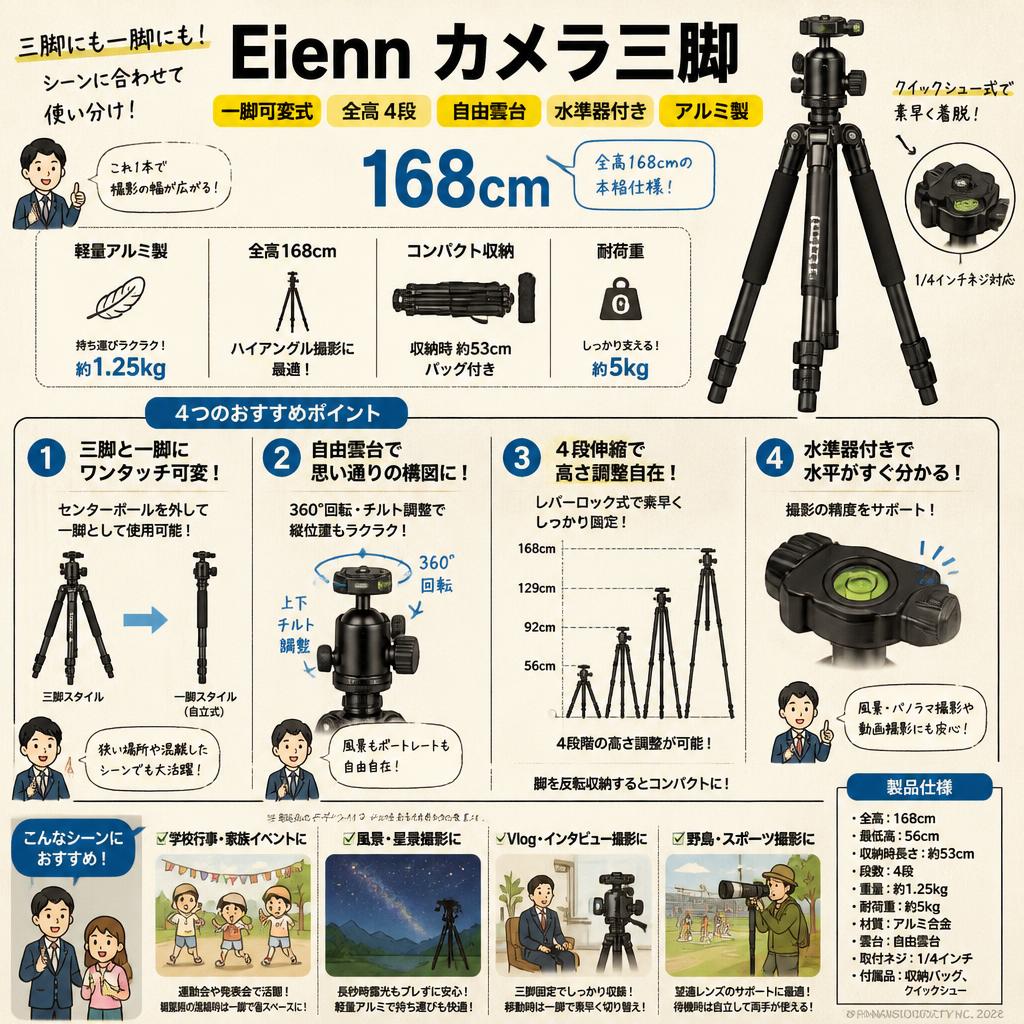 Eienn カメラ三脚 一脚可変式 全高 4段 自由雲台 水準器付き アルミ製 クイックシュー式 168cm おもな対象のお客様