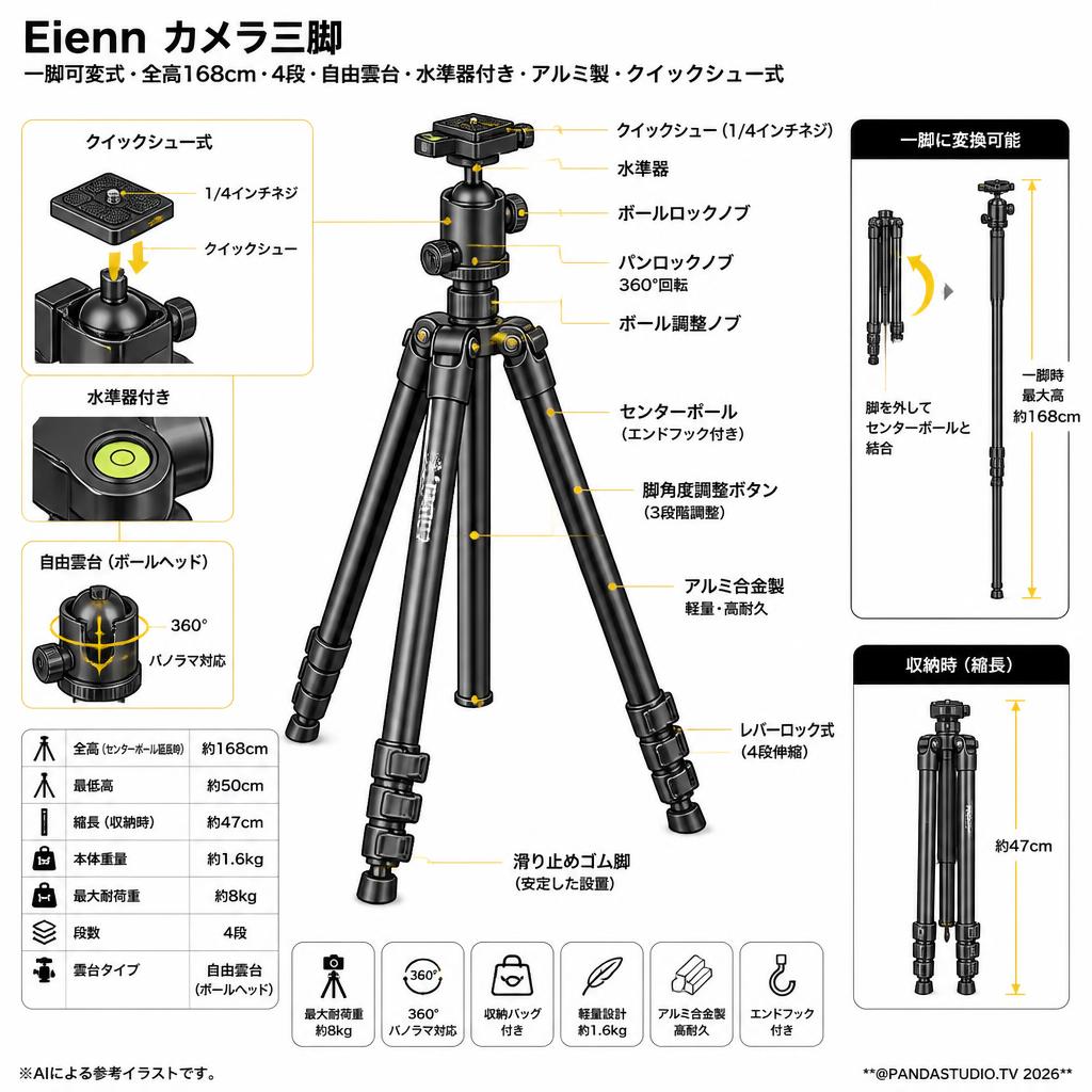 Eienn カメラ三脚 一脚可変式 全高 4段 自由雲台 水準器付き アルミ製 クイックシュー式 168cm スペック