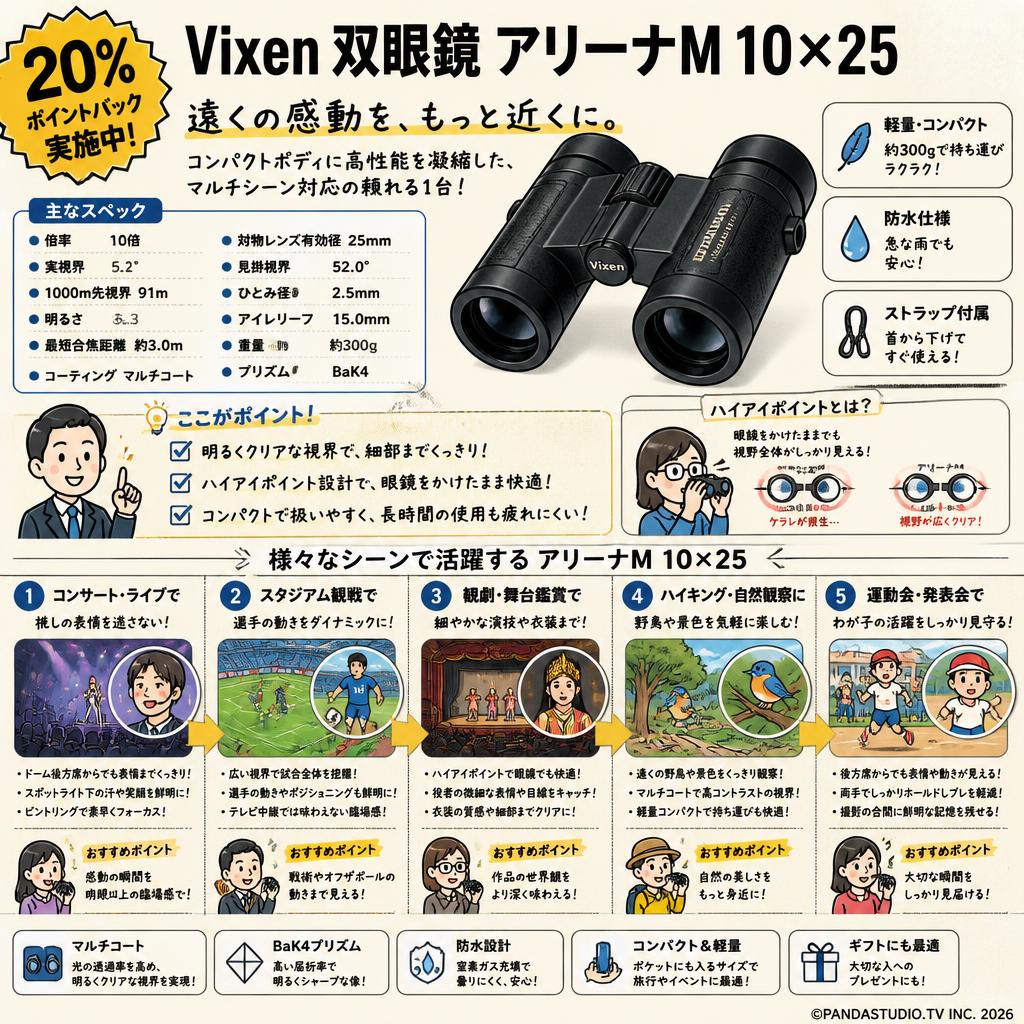 【20%ポイントバック実施中】Vixen 双眼鏡 アリーナM 10×25 用途