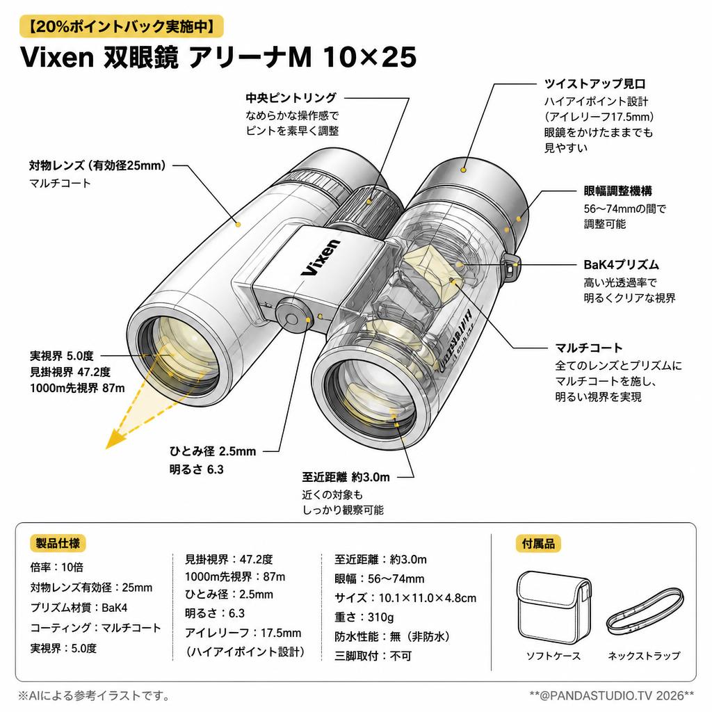 【20%ポイントバック実施中】Vixen 双眼鏡 アリーナM 10×25 スペック