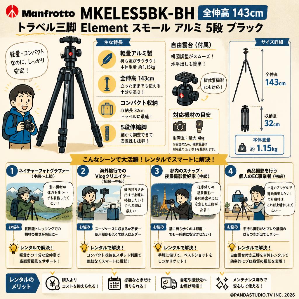 Manfrotto MKELES5BK-BH 全伸高143cm[トラベル三脚 Element スモール アルミ ５段 ブラック] おもな対象のお客様