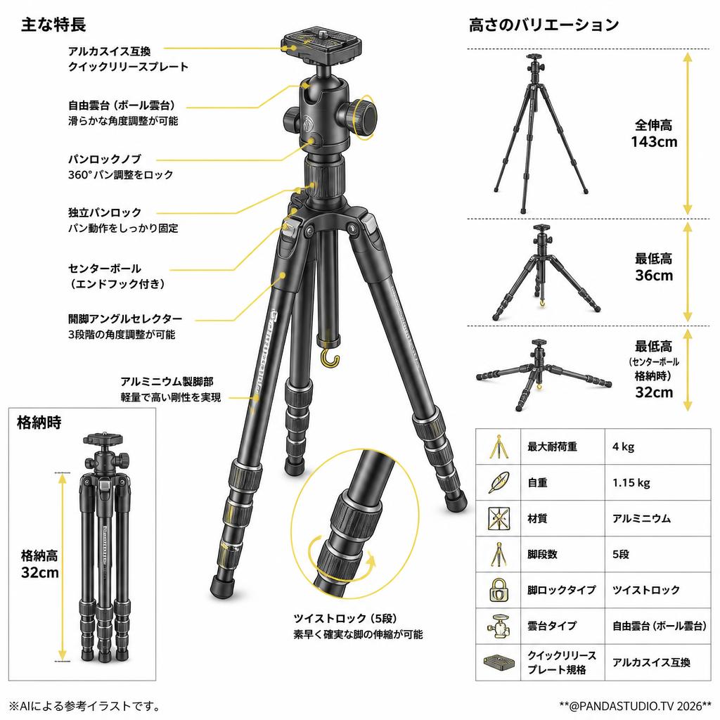 Manfrotto MKELES5BK-BH 全伸高143cm[トラベル三脚 Element スモール アルミ ５段 ブラック] スペック