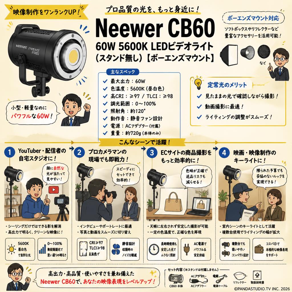 Neewer CB60 60W 5600K LEDビデオライト(スタンド無し)[ボーエンズマウント] おもな対象のお客様