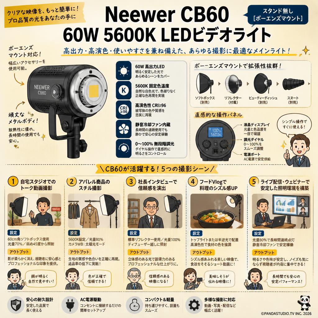 Neewer CB60 60W 5600K LEDビデオライト(スタンド無し)[ボーエンズマウント] 用途