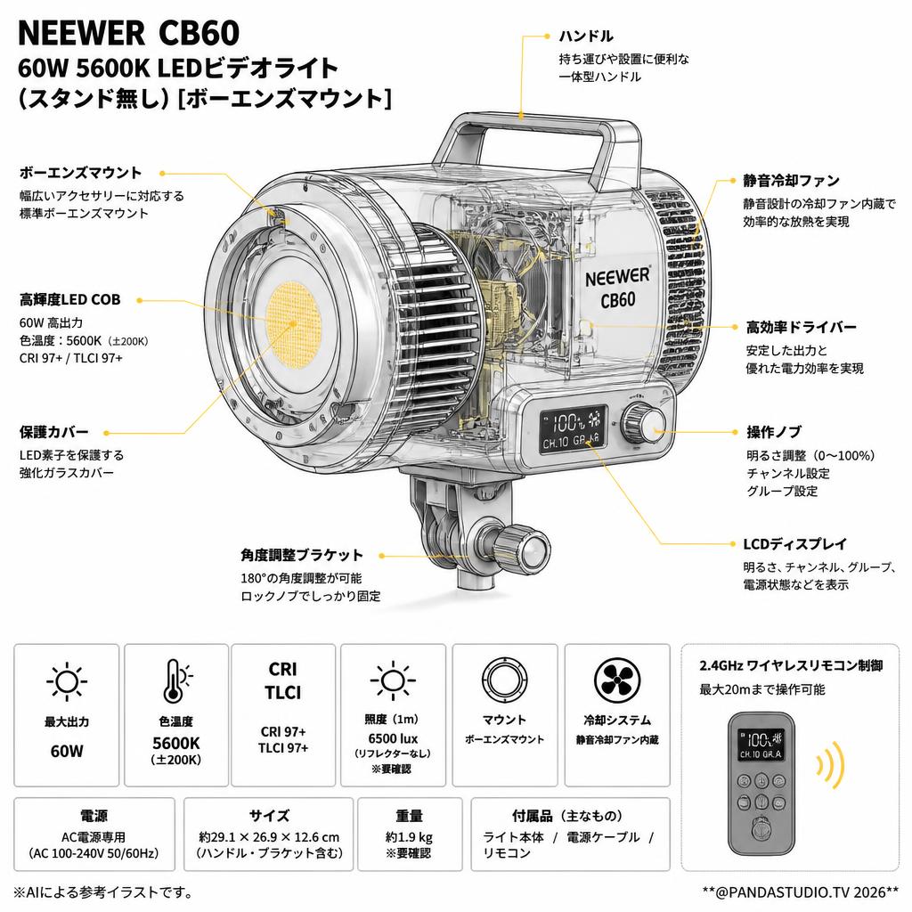 Neewer CB60 60W 5600K LEDビデオライト(スタンド無し)[ボーエンズマウント] スペック