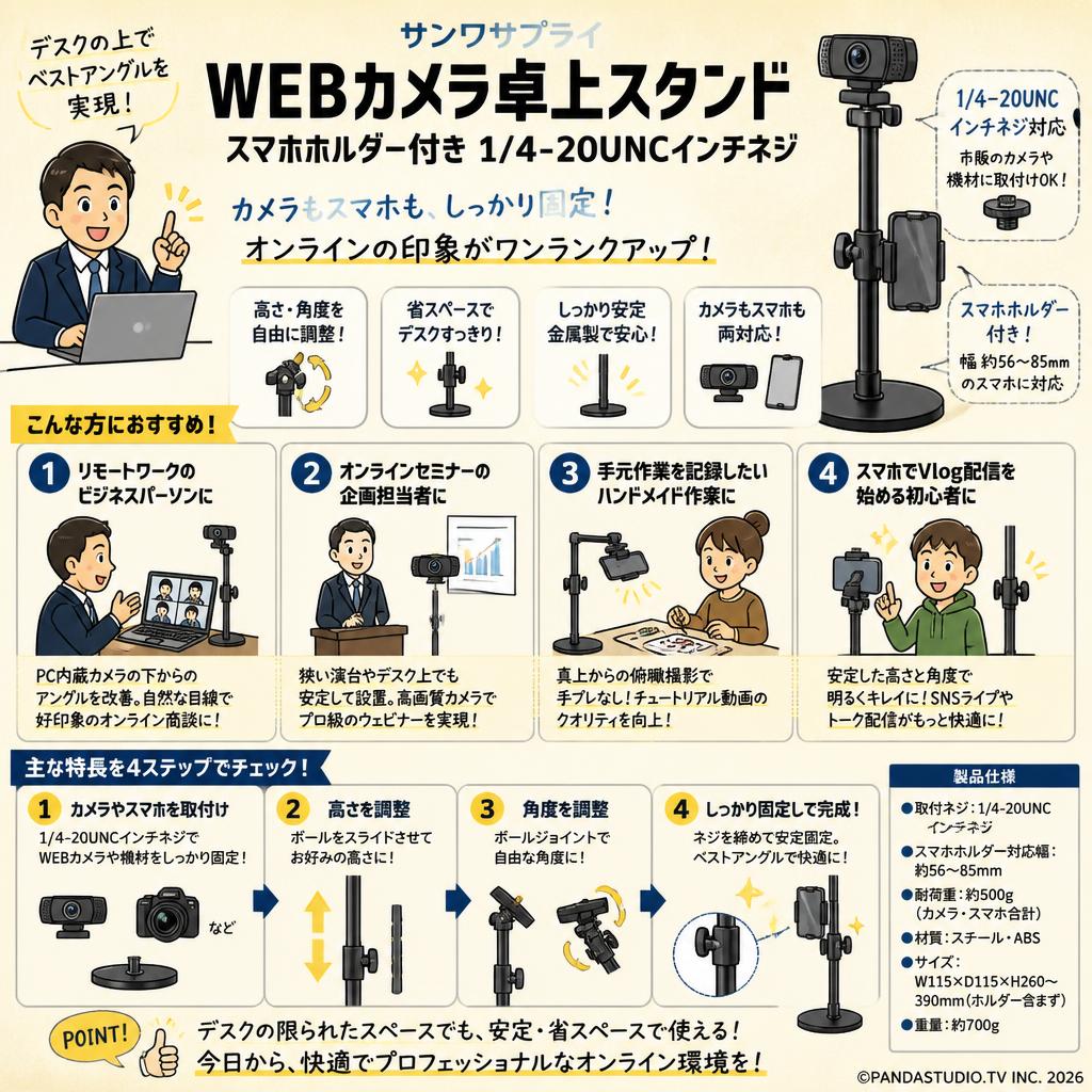 サンワサプライ WEBカメラ卓上スタンド スマホホルダー付き 1/4-20UNCインチネジ おもな対象のお客様