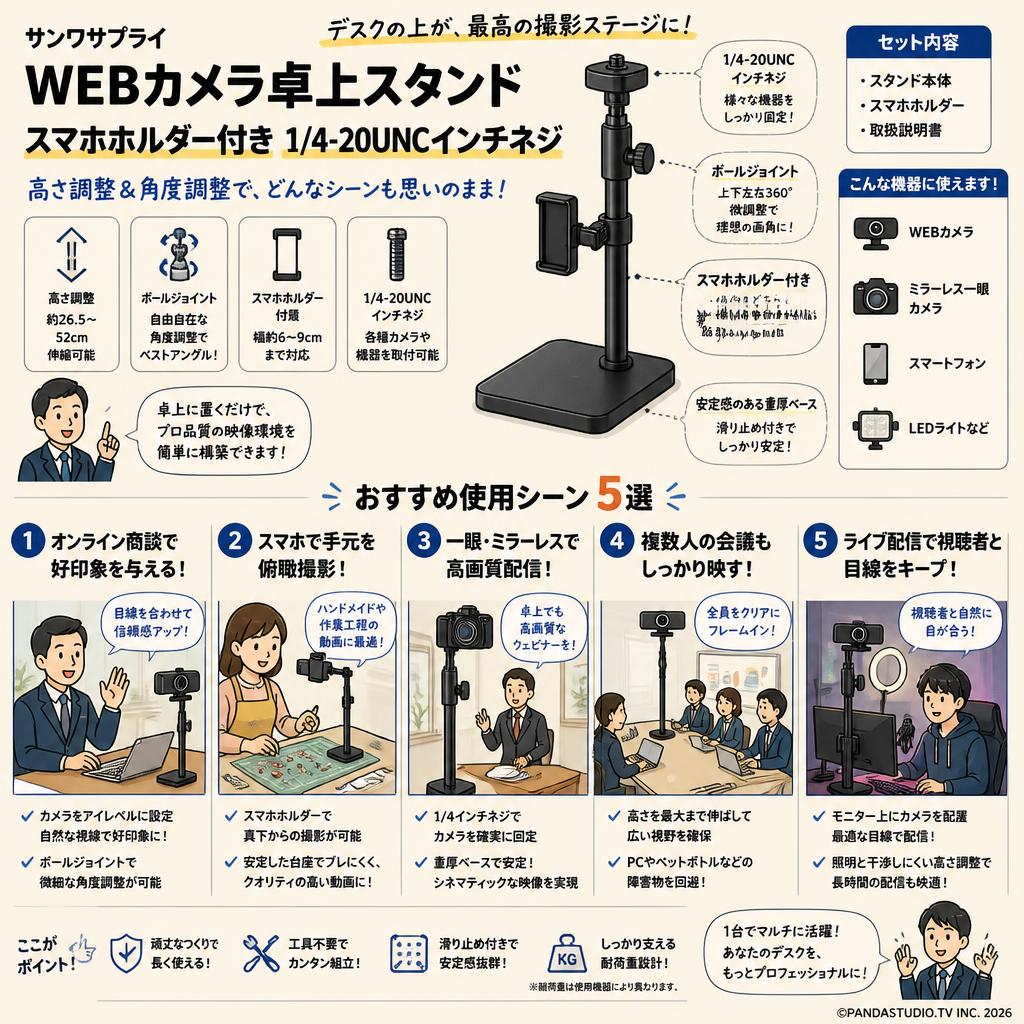 サンワサプライ WEBカメラ卓上スタンド スマホホルダー付き 1/4-20UNCインチネジ 用途