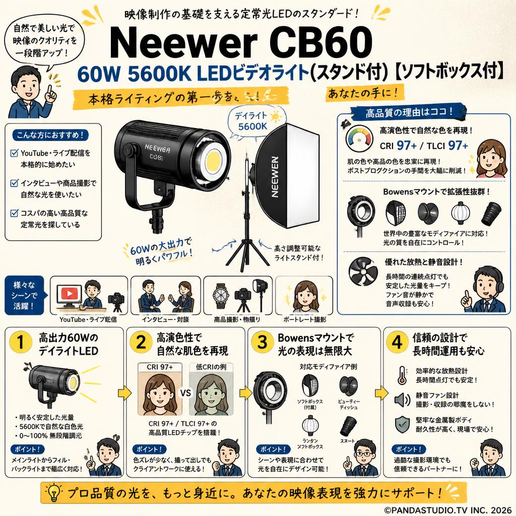 Neewer CB60 60W 5600K LEDビデオライト(スタンド付)[ソフトボックス付] 概要