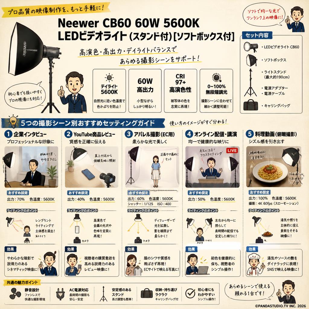 Neewer CB60 60W 5600K LEDビデオライト(スタンド付)[ソフトボックス付] 用途