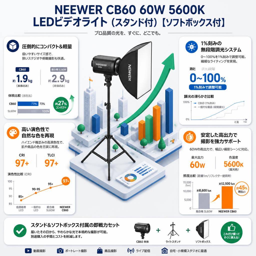 Neewer CB60 60W 5600K LEDビデオライト(スタンド付)[ソフトボックス付] セールスポイント