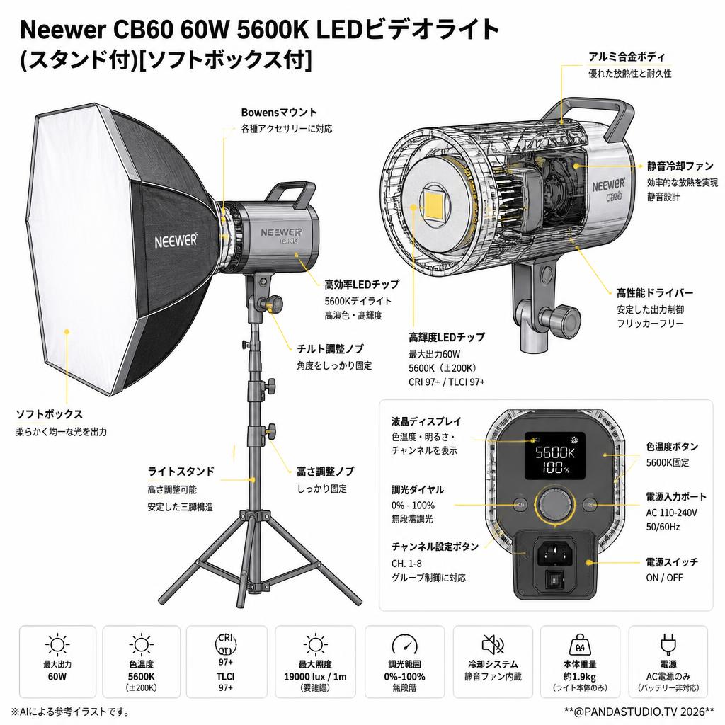 Neewer CB60 60W 5600K LEDビデオライト(スタンド付)[ソフトボックス付] スペック