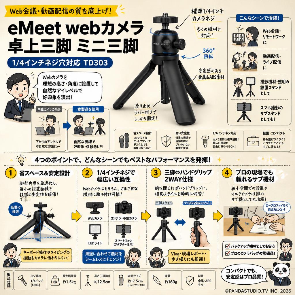 eMeet webカメラ卓上三脚 ミニ三脚 1/4インチネジ穴対応 TD303 概要