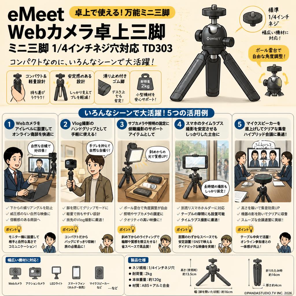 eMeet webカメラ卓上三脚 ミニ三脚 1/4インチネジ穴対応 TD303 用途