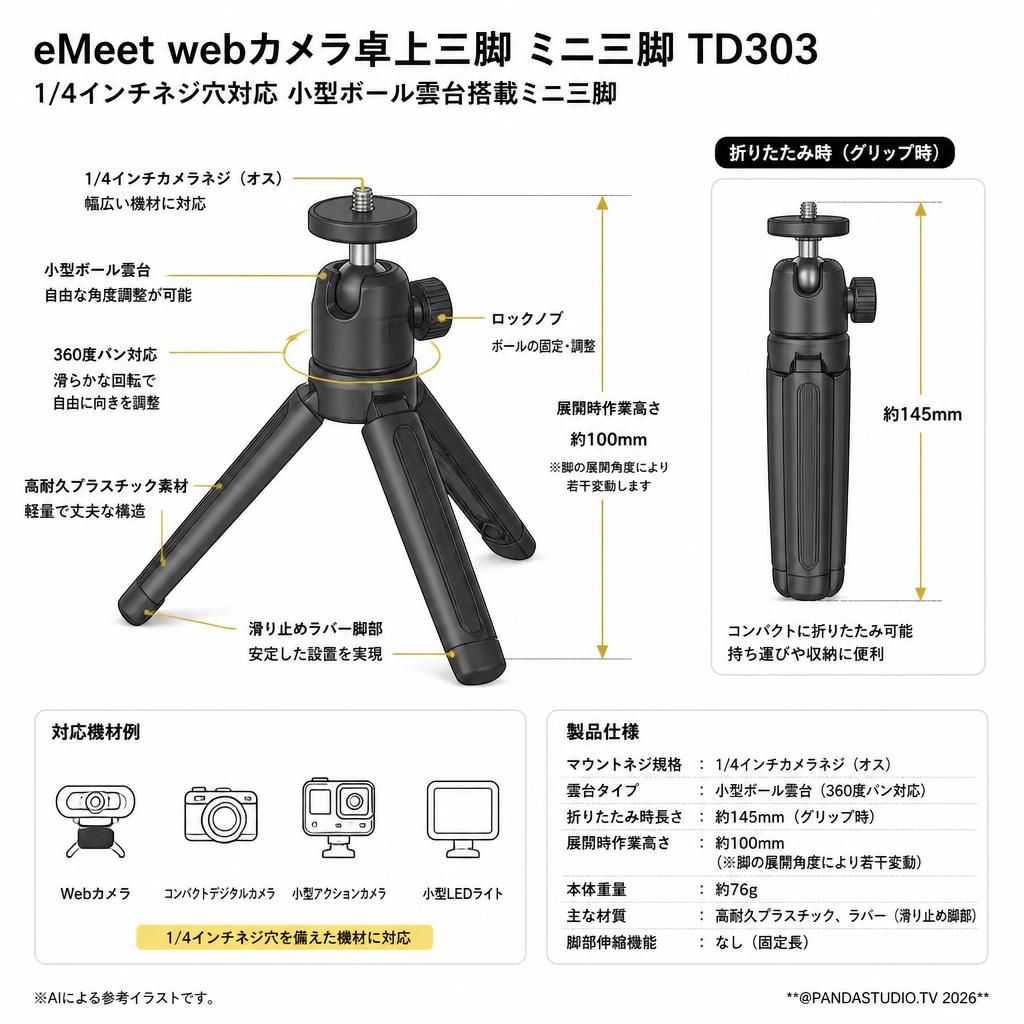 eMeet webカメラ卓上三脚 ミニ三脚 1/4インチネジ穴対応 TD303 スペック