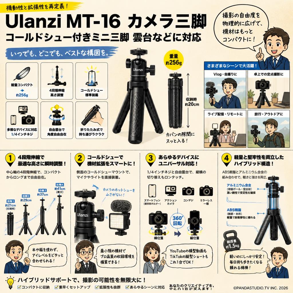 Ulanzi MT-16 カメラ三脚 コールドシュー付きミニ三脚 雲台などに対応 概要