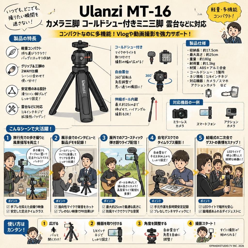 Ulanzi MT-16 カメラ三脚 コールドシュー付きミニ三脚 雲台などに対応 用途