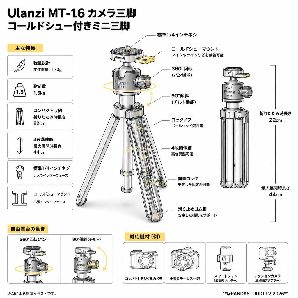 Ulanzi MT-16 カメラ三脚 コールドシュー付きミニ三脚 雲台などに対応 スペック
