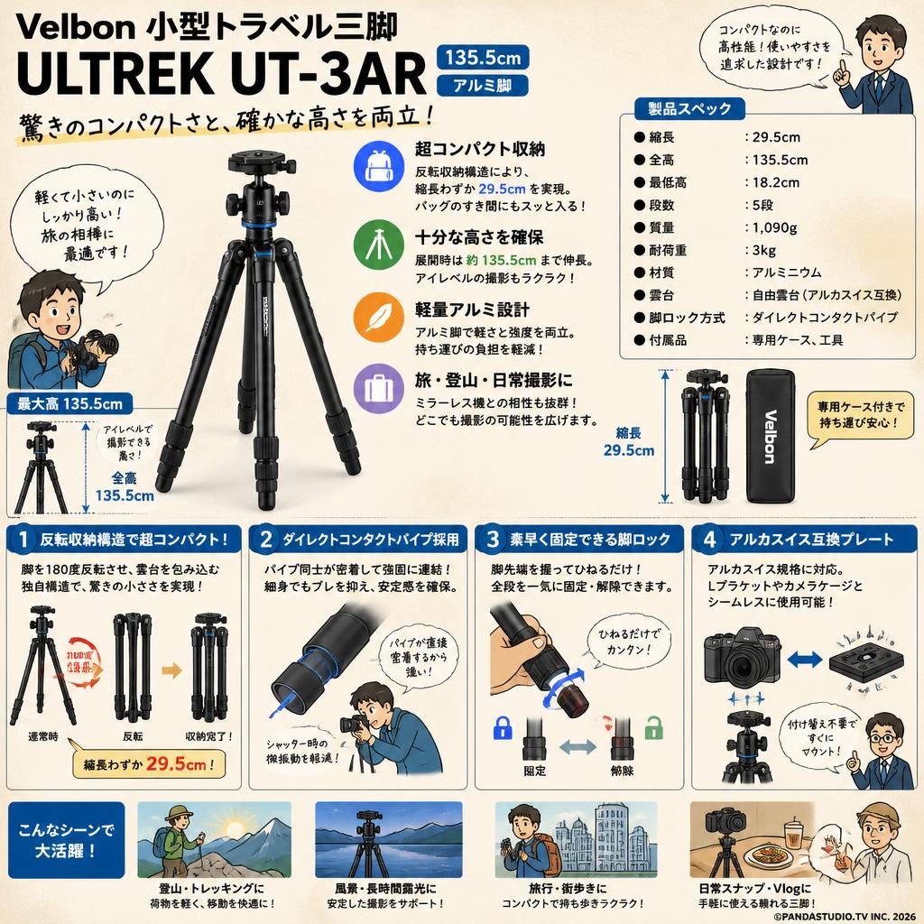 Velbon 小型トラベル三脚 ULTREK UT-3AR 135.5cm アルミ脚 概要