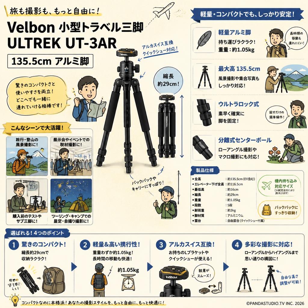 Velbon 小型トラベル三脚 ULTREK UT-3AR 135.5cm アルミ脚 おもな対象のお客様
