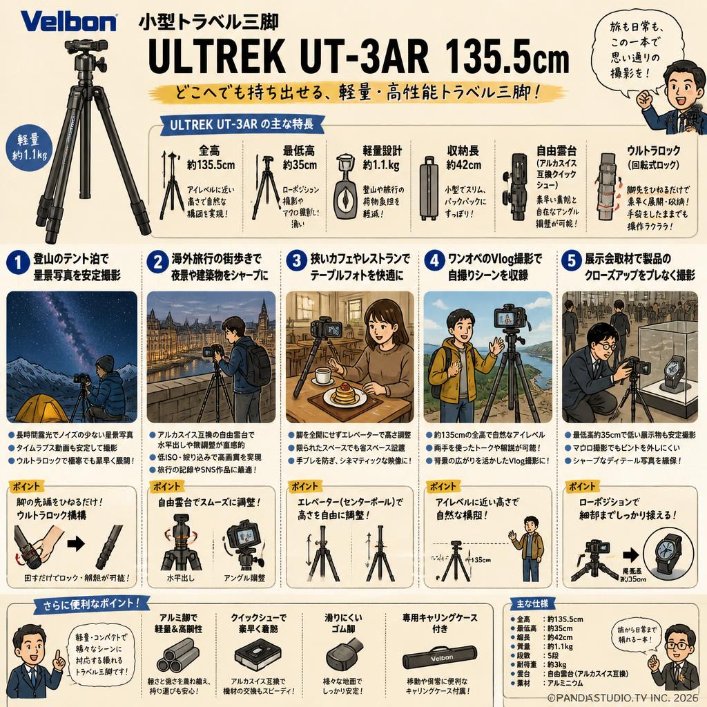 Velbon 小型トラベル三脚 ULTREK UT-3AR 135.5cm アルミ脚 用途