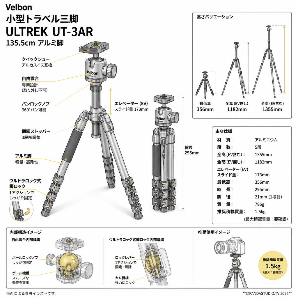 Velbon 小型トラベル三脚 ULTREK UT-3AR 135.5cm アルミ脚 スペック