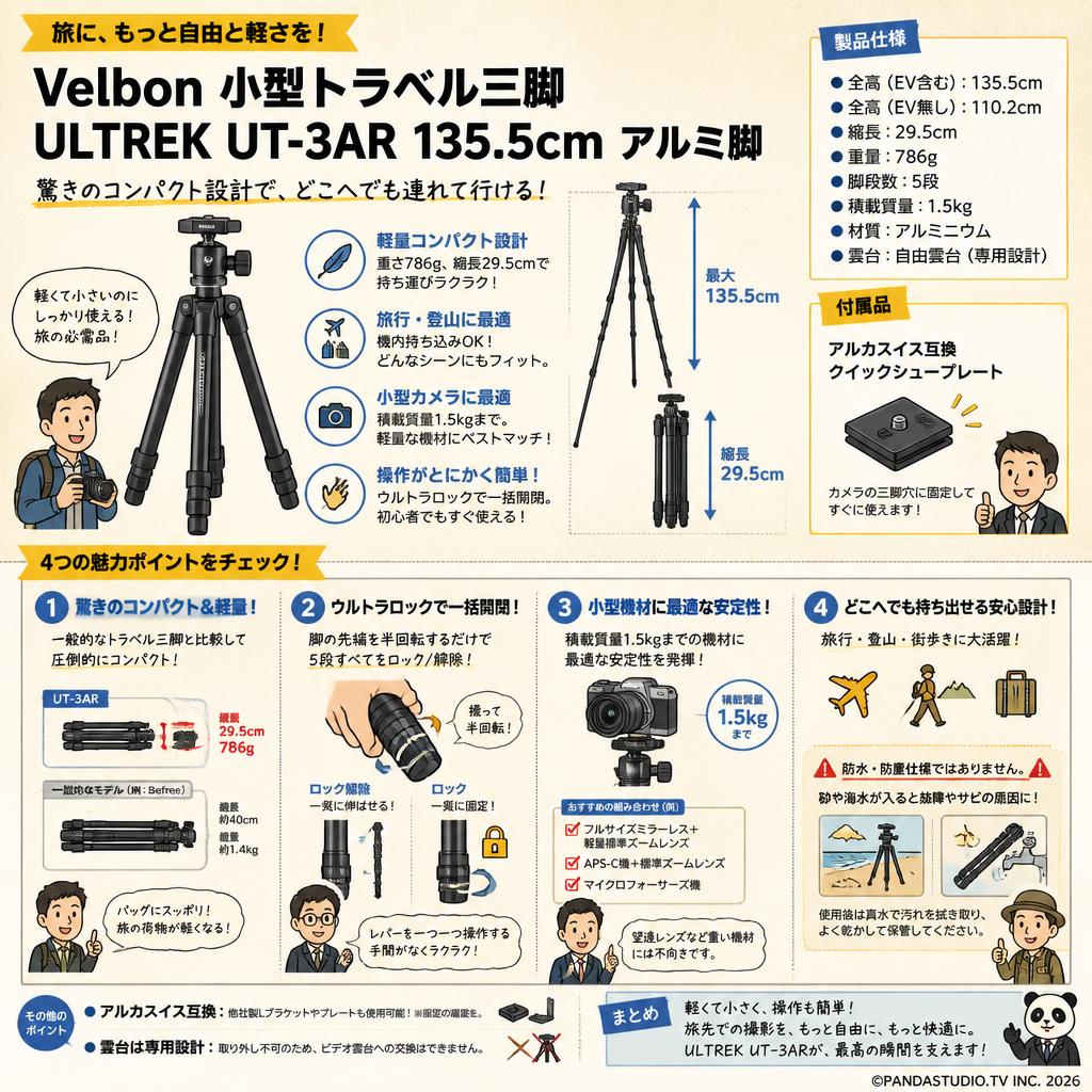 Velbon 小型トラベル三脚 ULTREK UT-3AR 135.5cm アルミ脚 FAQ（よくある質問と答え）