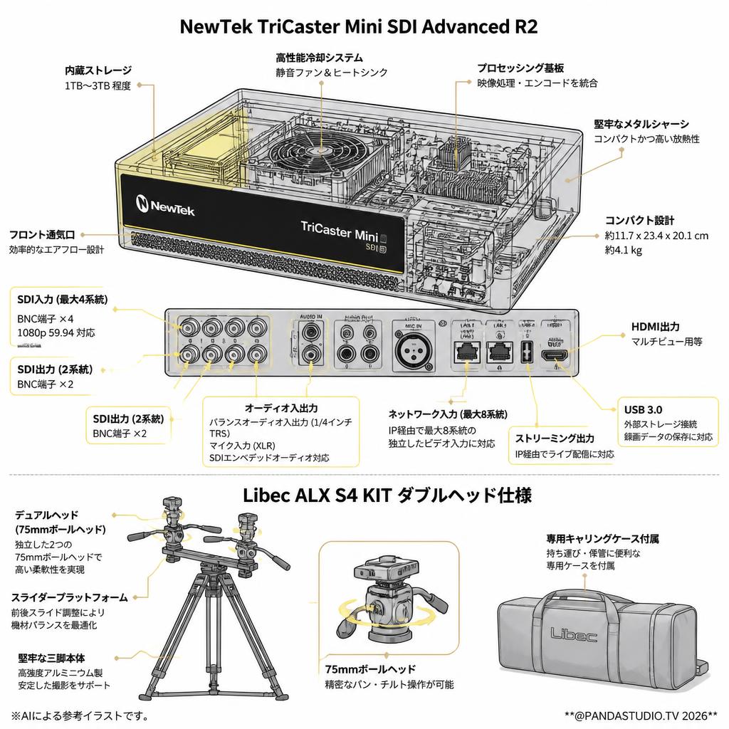 【2台限定 即納在庫あり】NewTek TriCaster Mini SDI Advanced R2 【Libec ALX S4 KIT ダブルヘッド仕様 無料プレゼント】 スペック