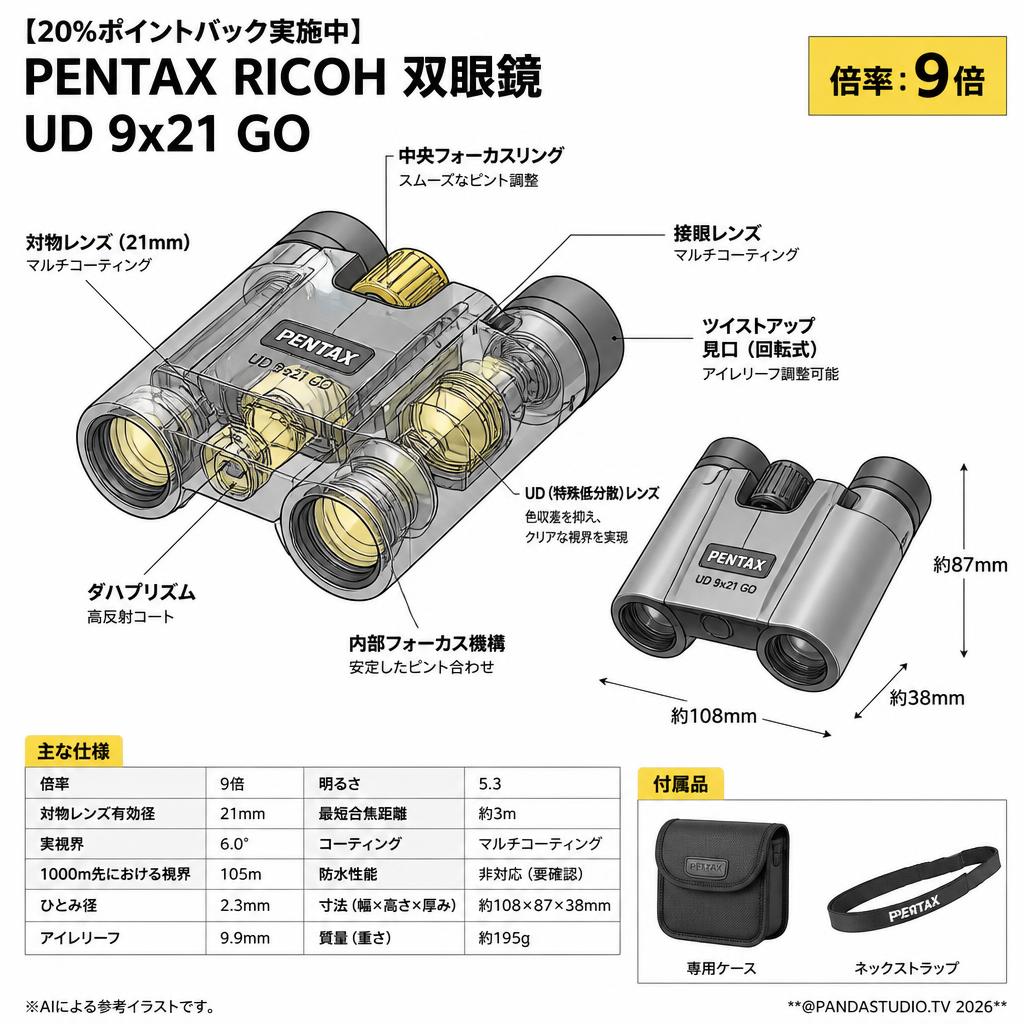 【20%ポイントバック実施中】PENTAX RICOH 双眼鏡 UD 9x21 GO スペック