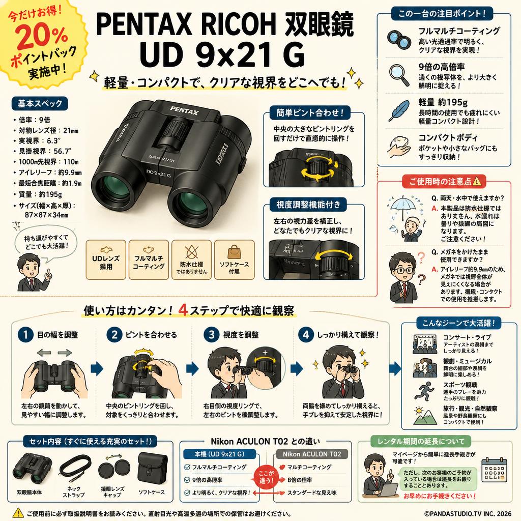 【20%ポイントバック実施中】PENTAX RICOH 双眼鏡 UD 9x21 G FAQ（よくある質問と答え）
