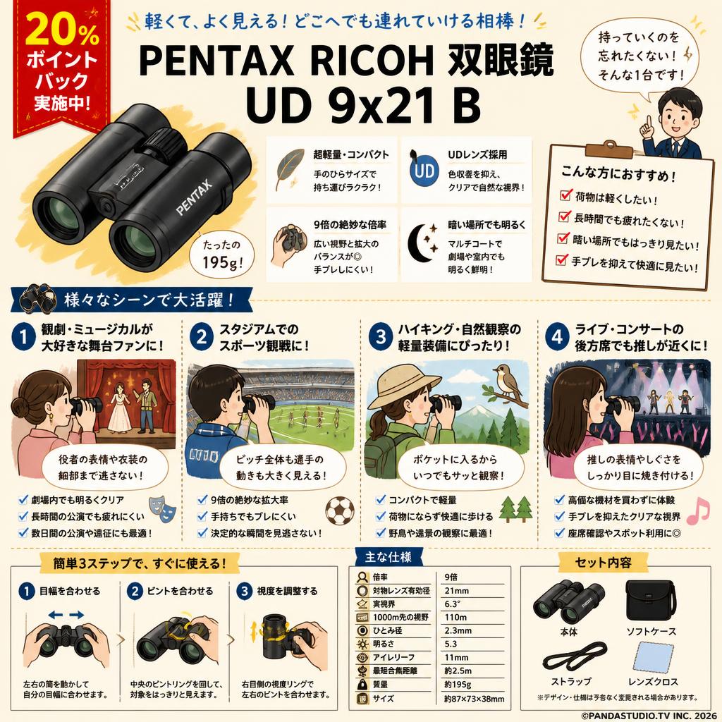 【20%ポイントバック実施中】PENTAX RICOH 双眼鏡 UD 9x21 B おもな対象のお客様