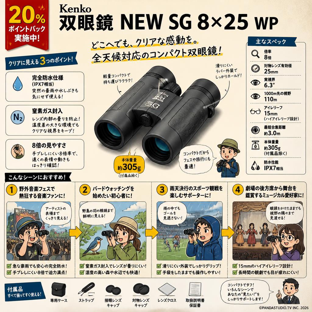 【20%ポイントバック実施中】Kenko 双眼鏡 NEW SG 8×25 WP おもな対象のお客様