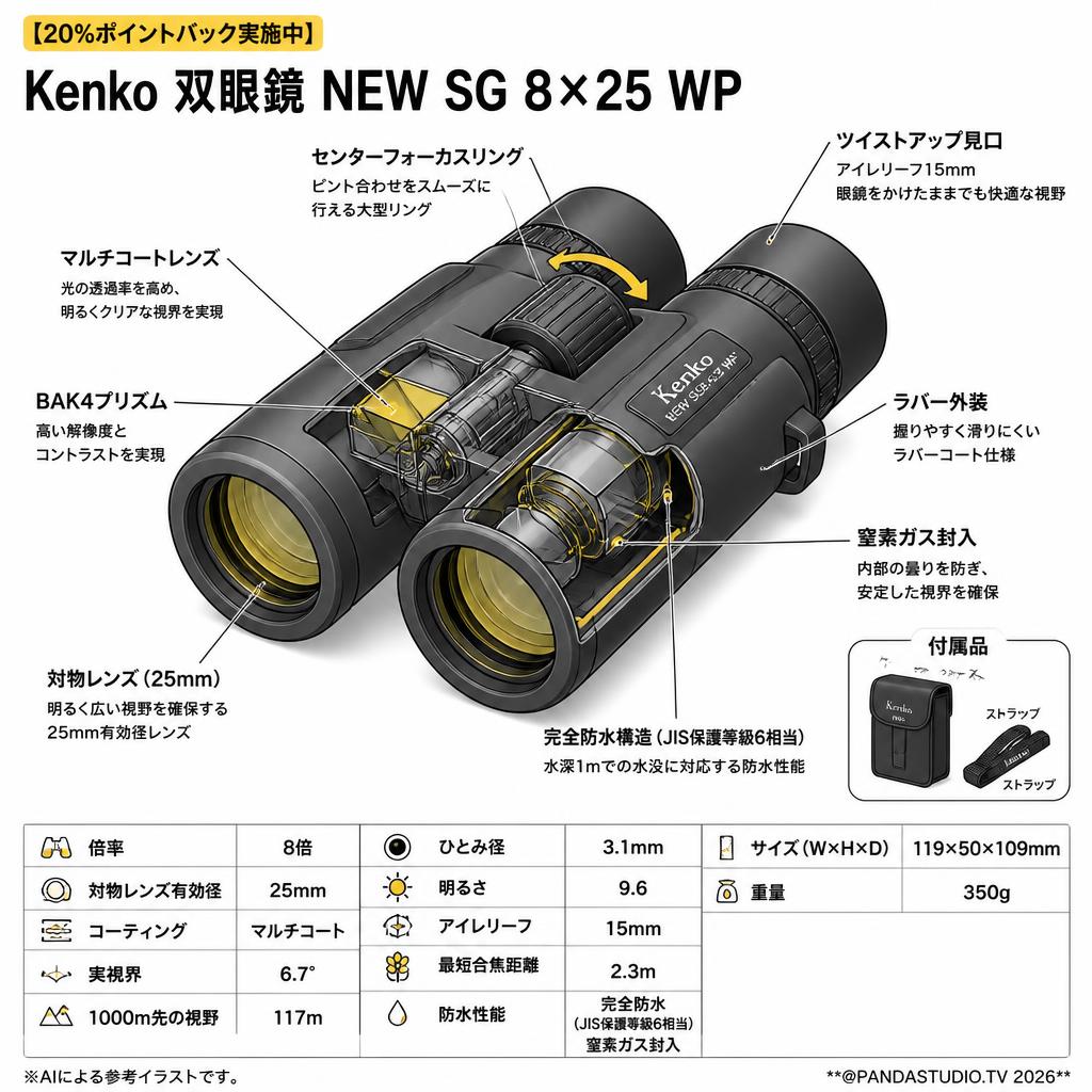 【20%ポイントバック実施中】Kenko 双眼鏡 NEW SG 8×25 WP スペック