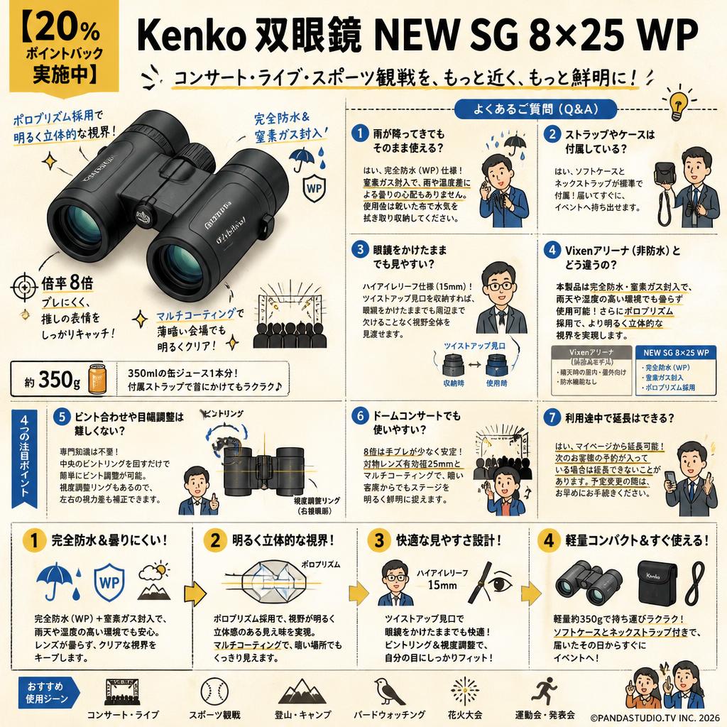 【20%ポイントバック実施中】Kenko 双眼鏡 NEW SG 8×25 WP FAQ（よくある質問と答え）
