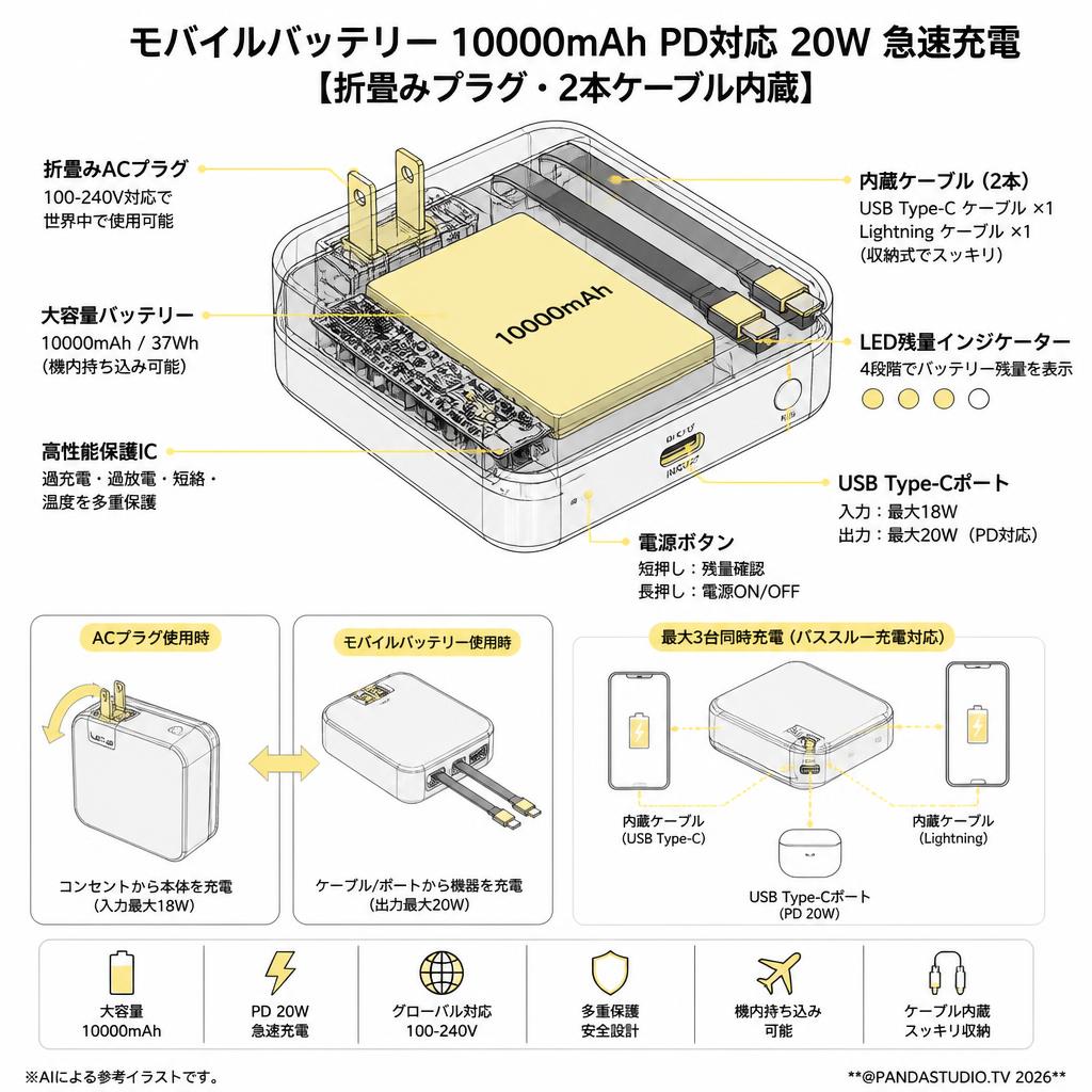 モバイルバッテリー 10000mAh PD対応 20W 急速充電 [折畳みプラグ・2本ケーブル内蔵] スペック