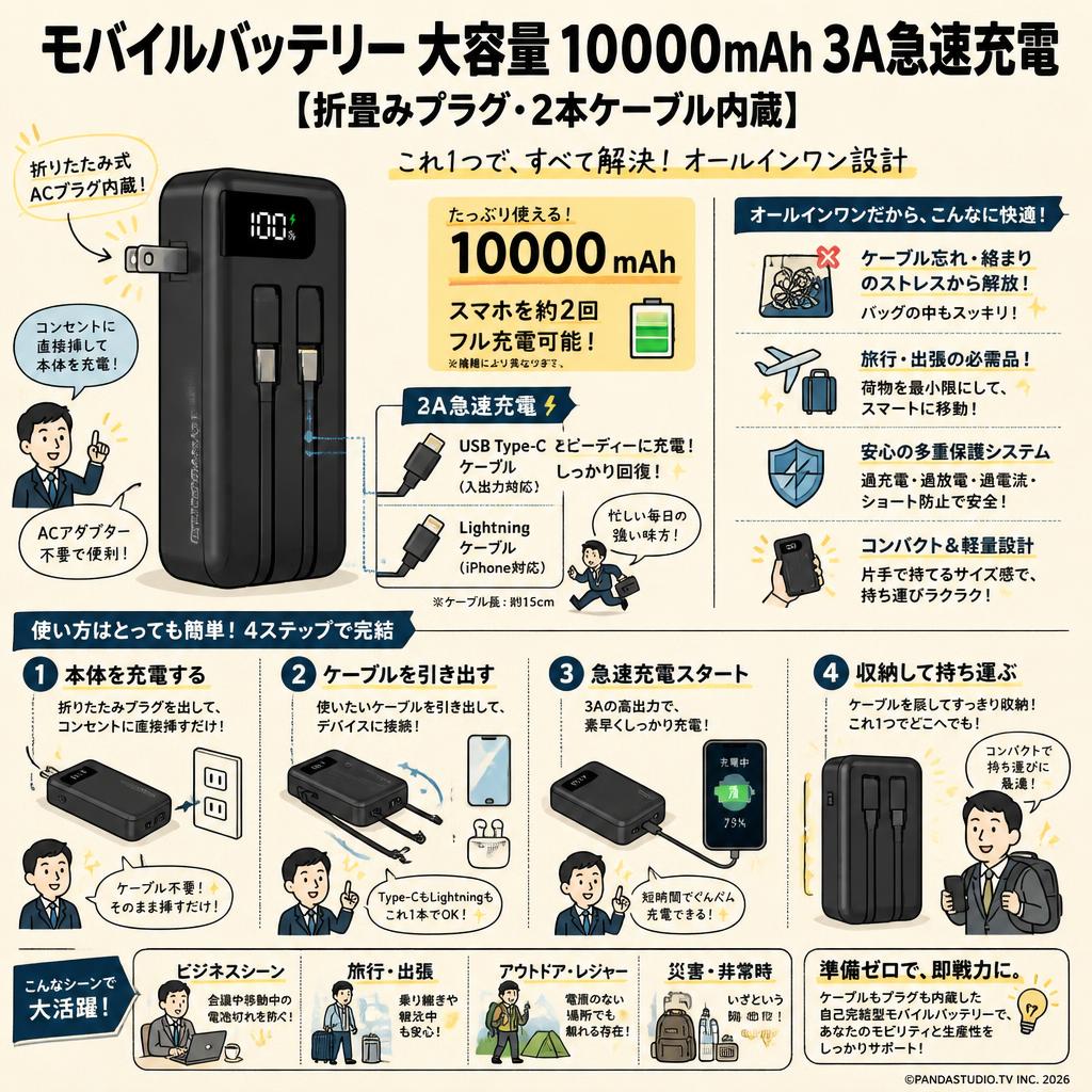 モバイルバッテリー 大容量 10000mAh 3A急速充電 [折畳みプラグ・2本ケーブル内蔵] 概要