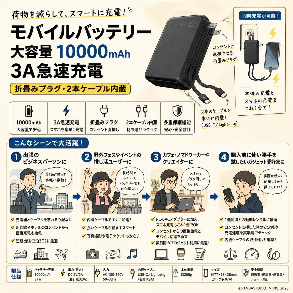 モバイルバッテリー 大容量 10000mAh 3A急速充電 [折畳みプラグ・2本ケーブル内蔵] おもな対象のお客様