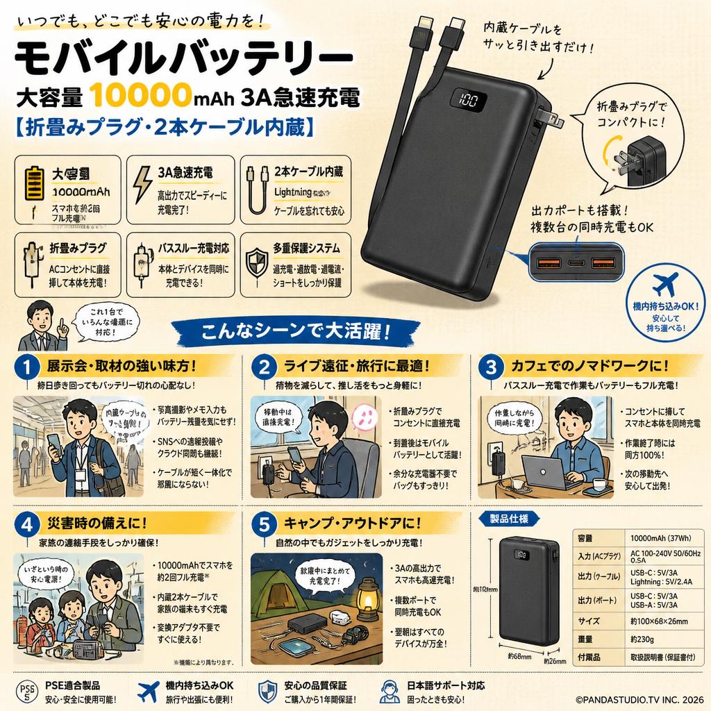 モバイルバッテリー 大容量 10000mAh 3A急速充電 [折畳みプラグ・2本ケーブル内蔵] 用途