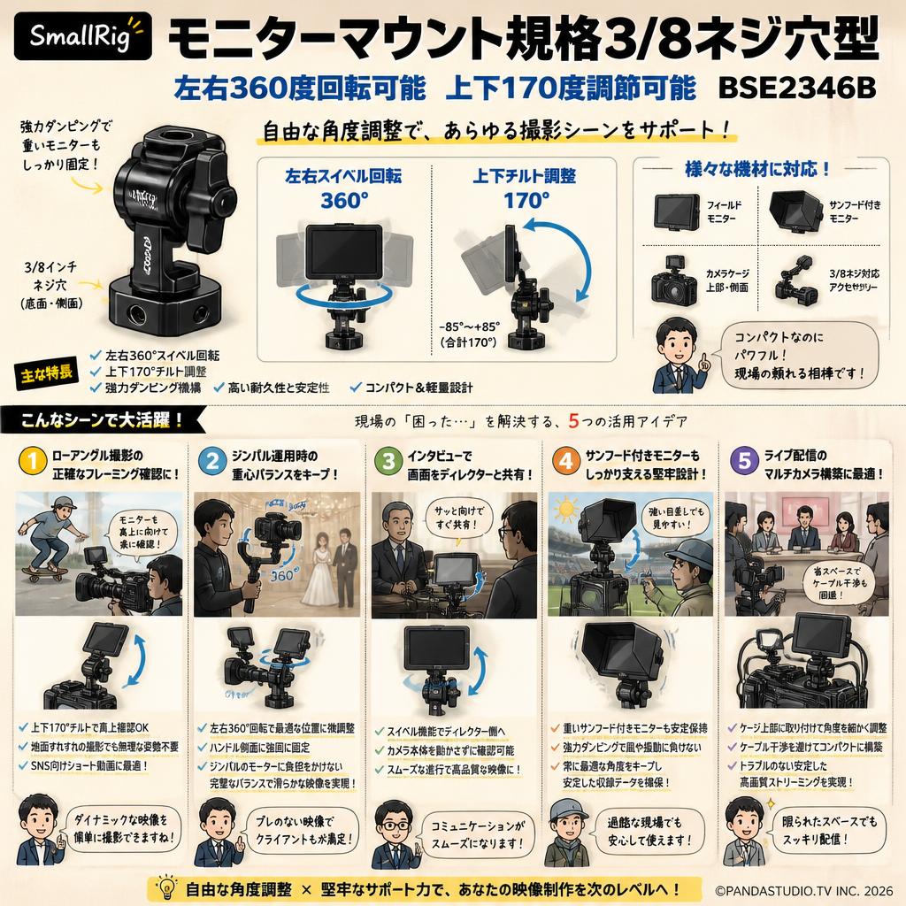 SmallRig モニターマウント規格3/8ネジ穴型 左右360度回転可能 上下170度調節可能 BSE2346B 用途