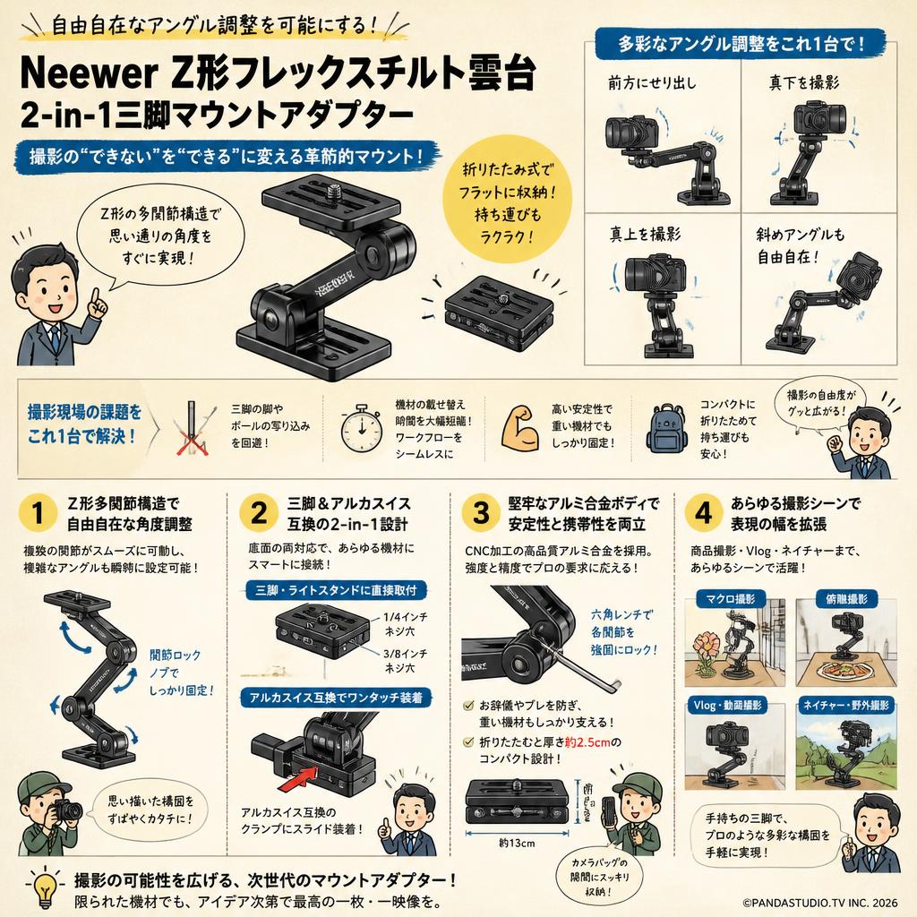 Neewer Z形フレックスチルト雲台 2-in-1三脚マウントアダプター 概要