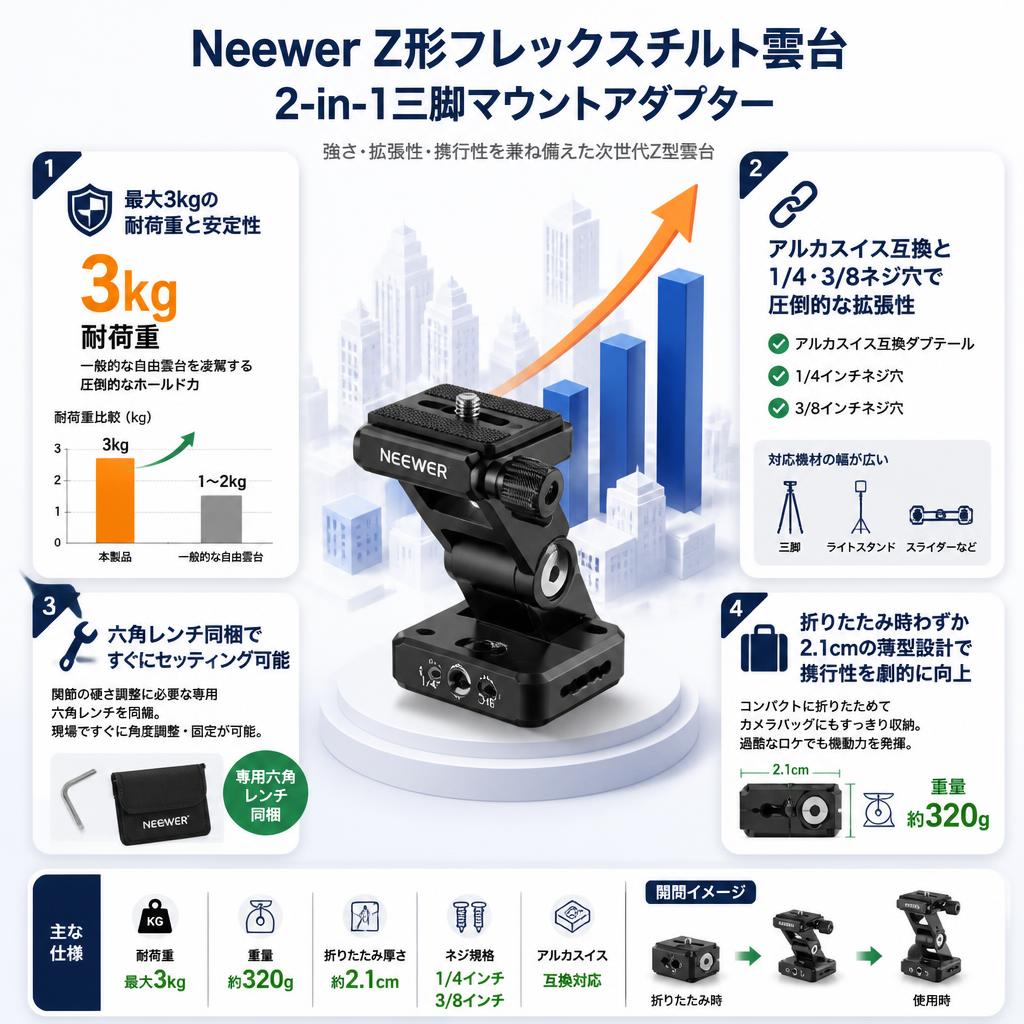 Neewer Z形フレックスチルト雲台 2-in-1三脚マウントアダプター セールスポイント