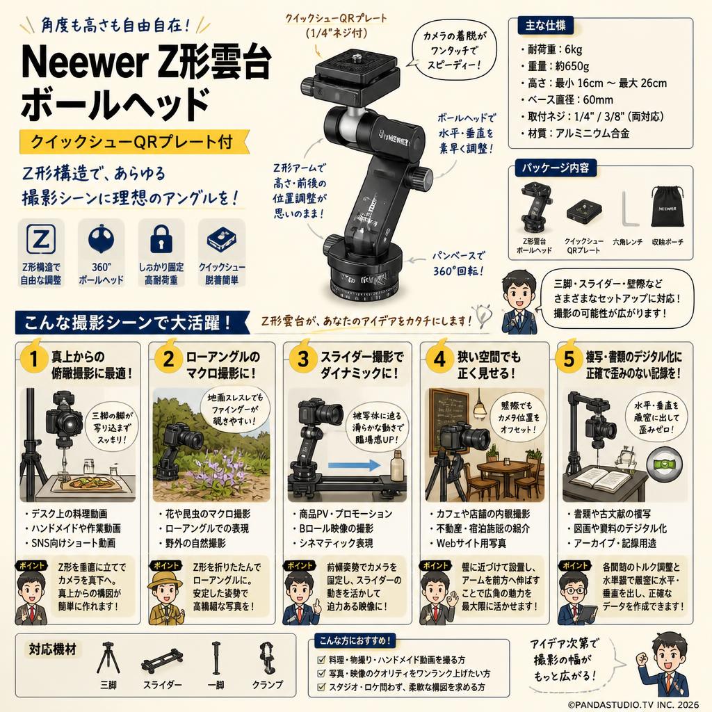 Neewer Z形雲台 ボールヘッド クイックシューQRプレート付 用途