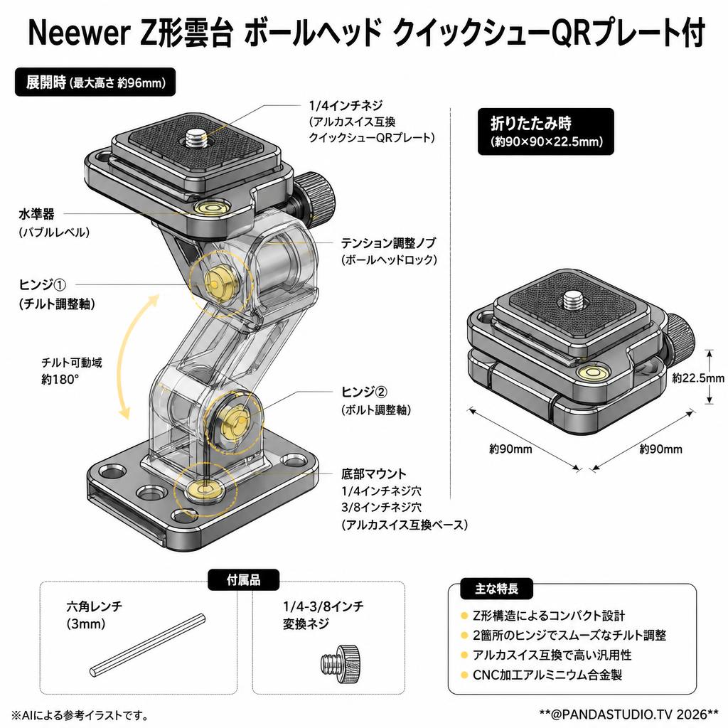 Neewer Z形雲台 ボールヘッド クイックシューQRプレート付 スペック