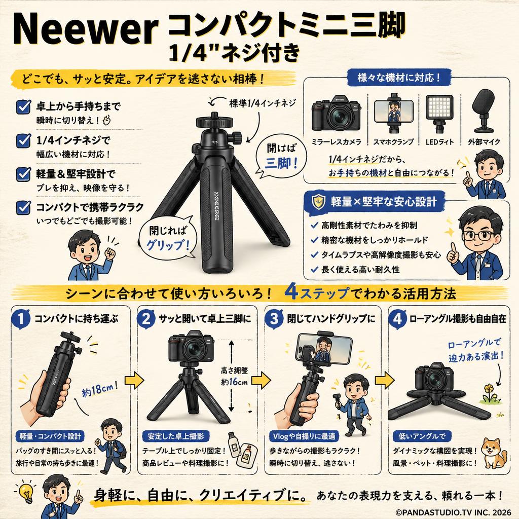 Neewer コンパクトミニ三脚 1/4"ネジ付き 概要